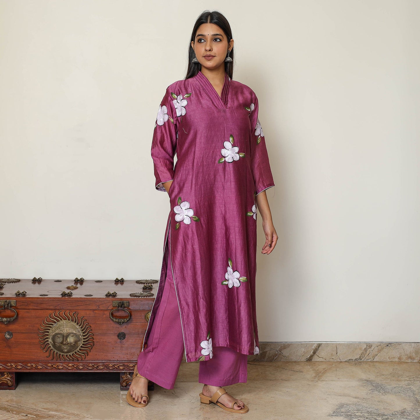 Handpainted Chanderi Silk Kurta Set with Palazzo & Dupatta