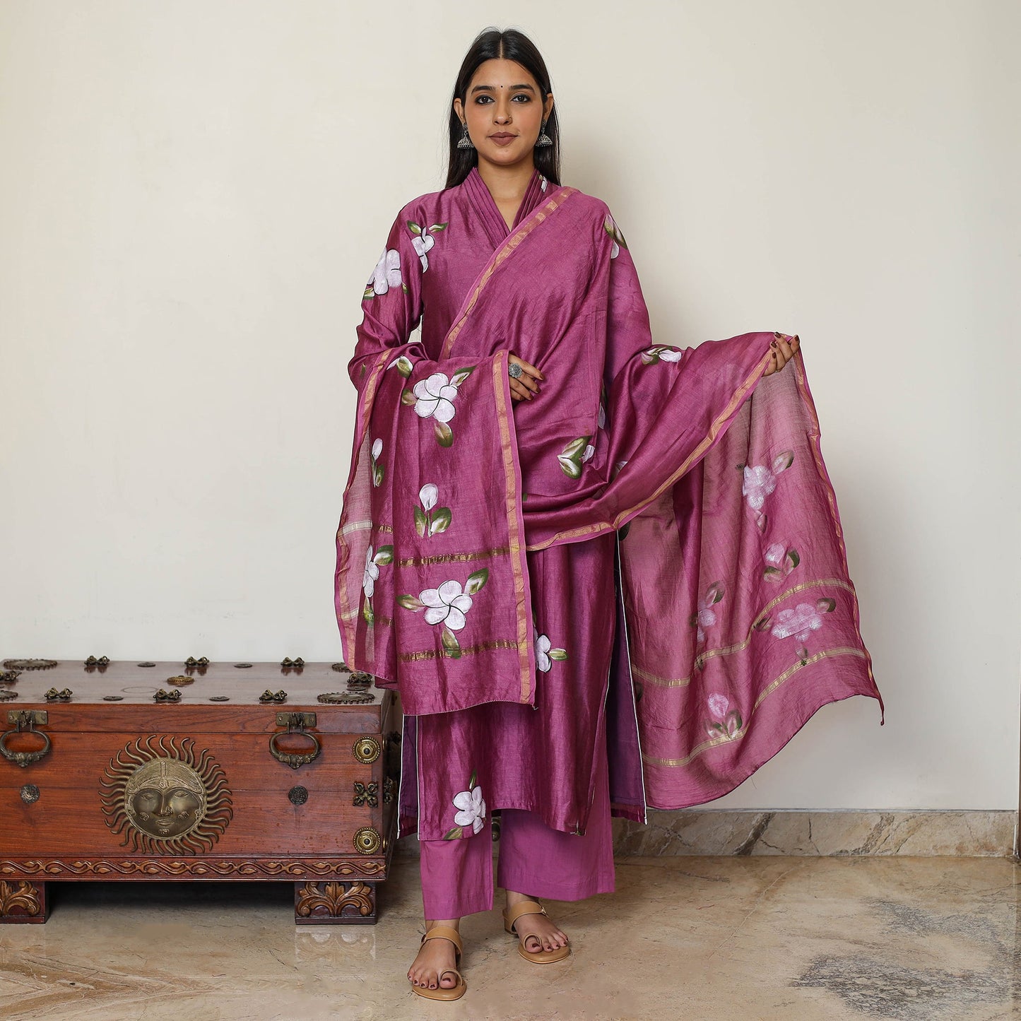 Handpainted Chanderi Silk Kurta Set with Palazzo & Dupatta