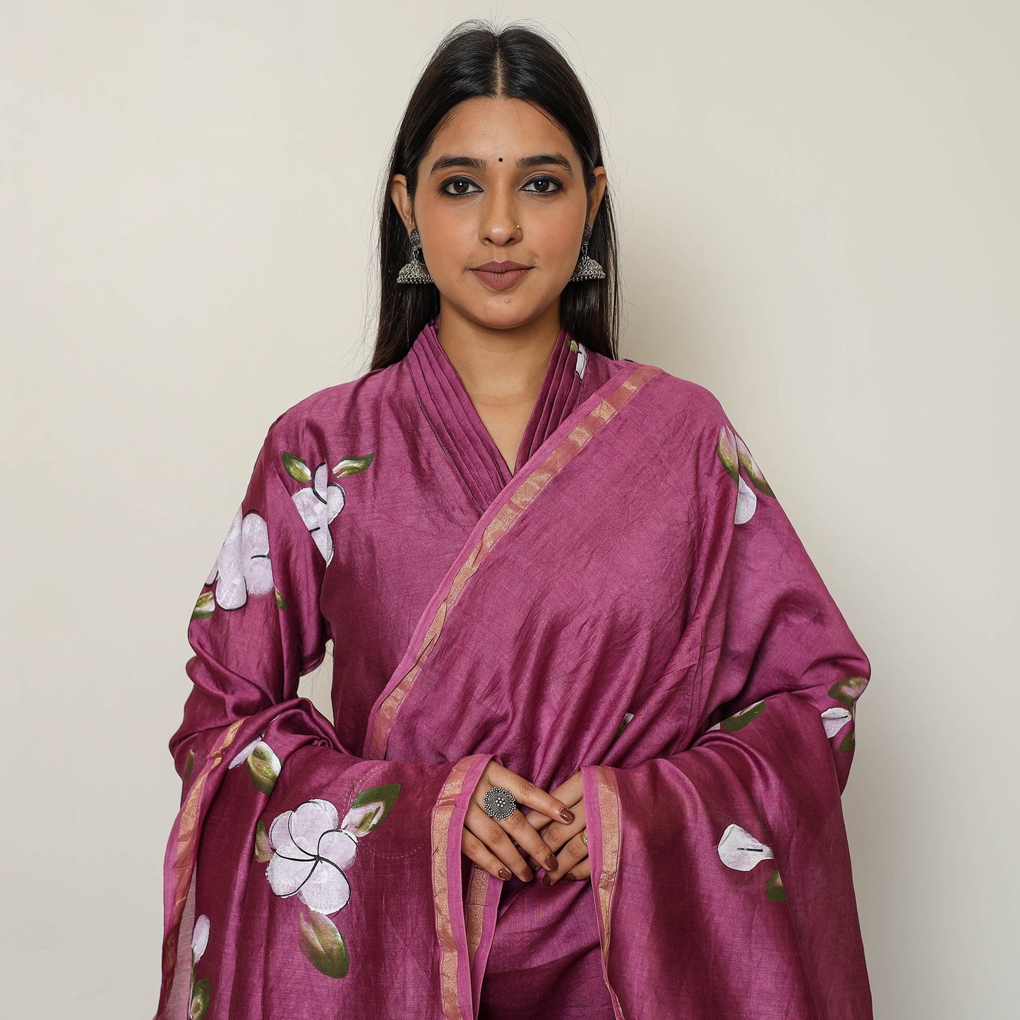 Handpainted Chanderi Silk Kurta Set with Palazzo & Dupatta