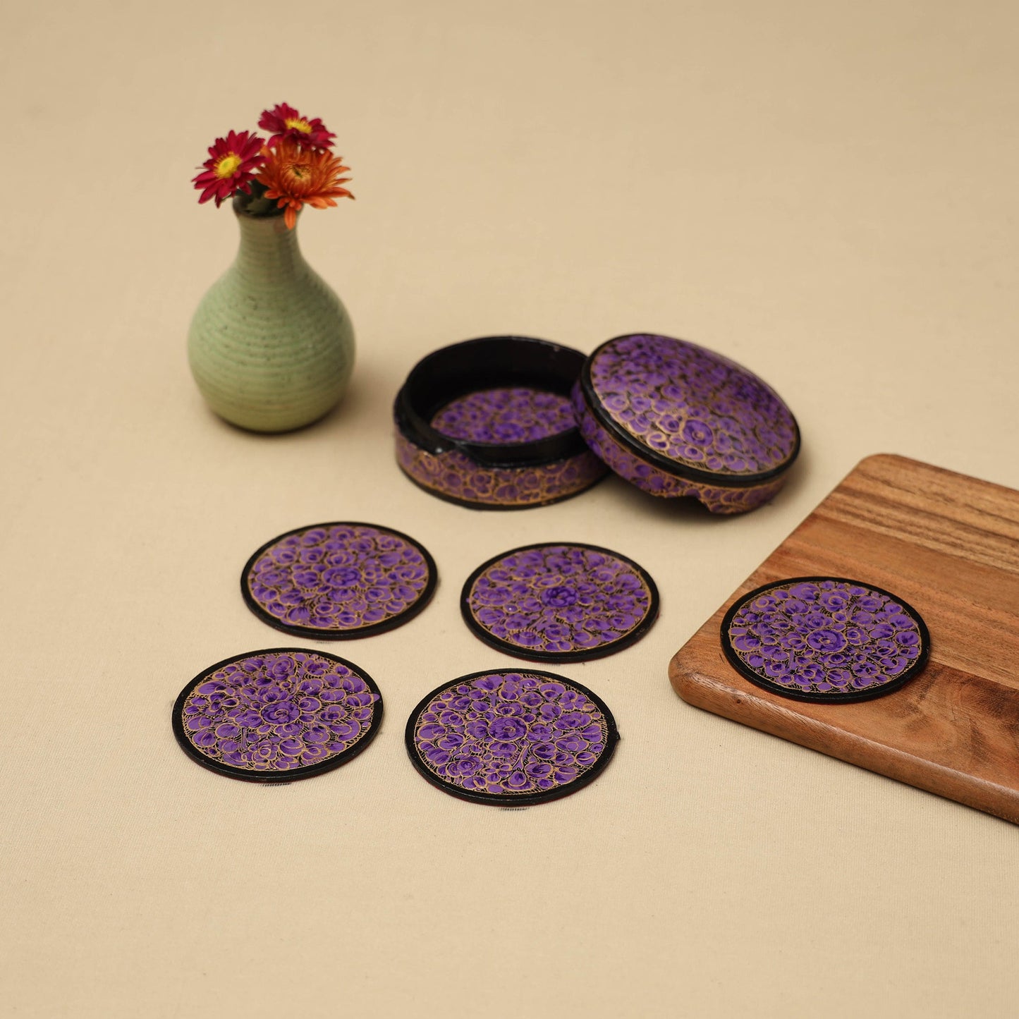 Purple - handpainted paper mache coaster with box (set