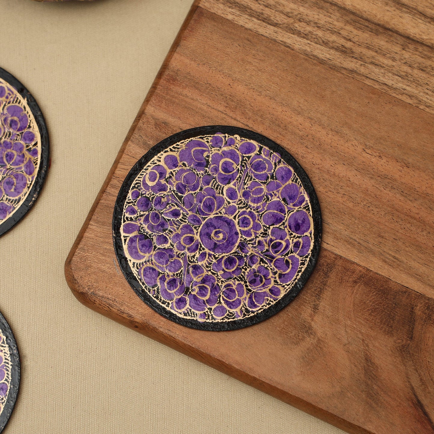 Purple - handpainted paper mache coaster with box (set