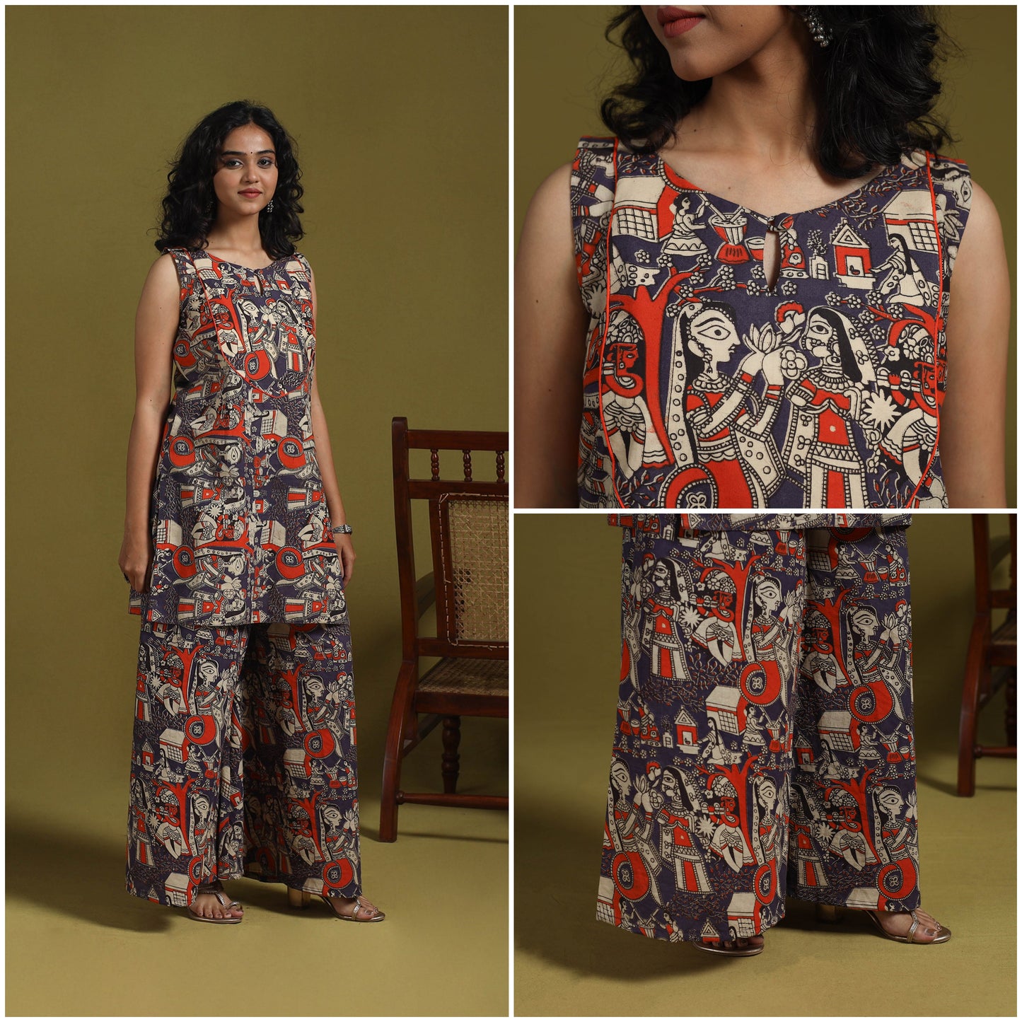 Purple - kalamkari printed cotton 2pc kurta set for women