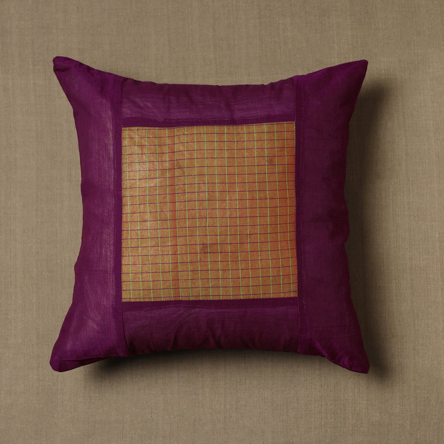 Purple - Kanchipuram Patchwork Cotton Cushion Cover 23