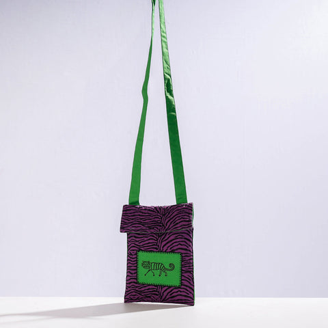 Purple Kantha Work Block Print Cotton Mobile Sling Bag 