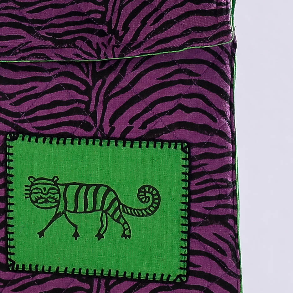 Purple Kantha Work Block Print Cotton Mobile Sling Bag 