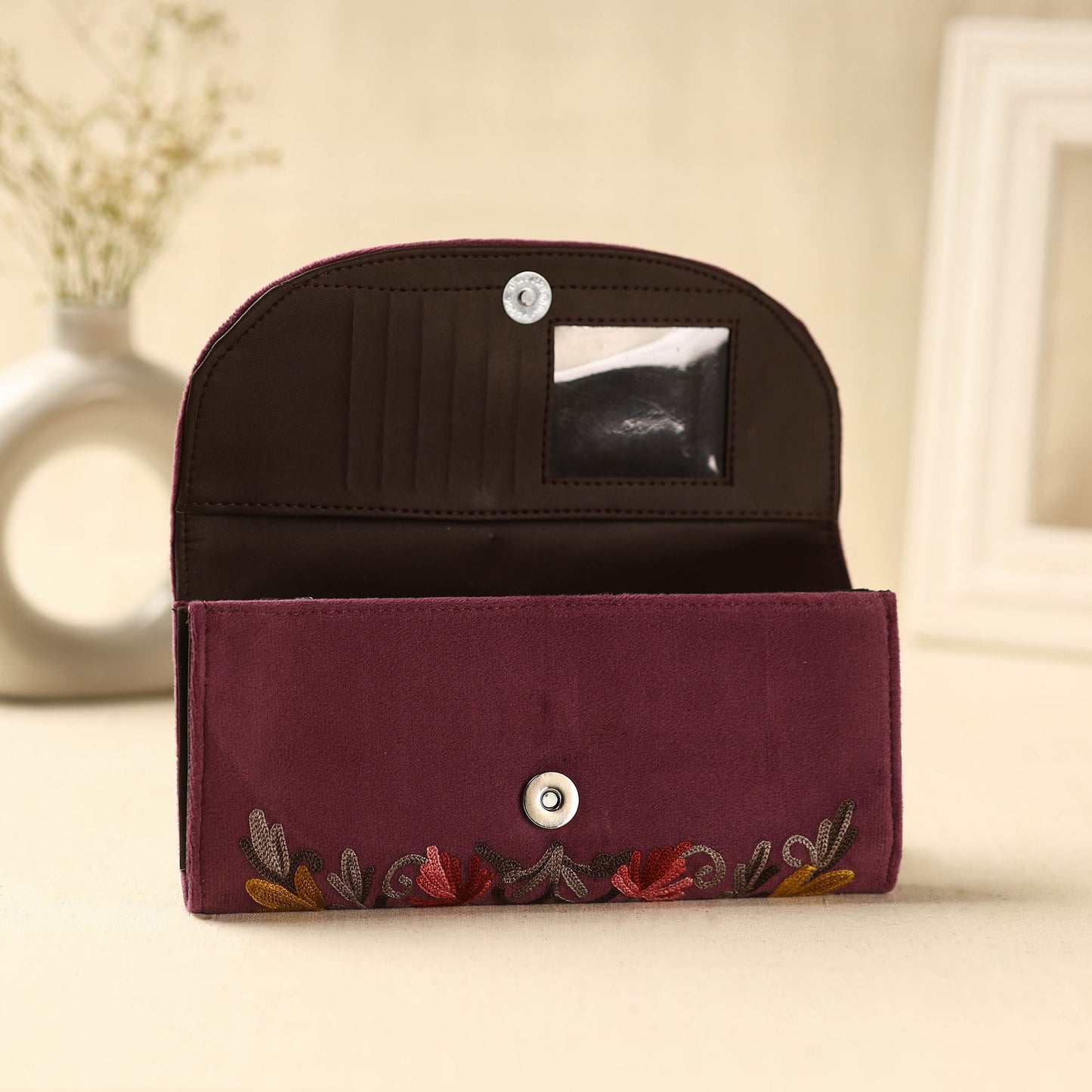 Pruple Kashmiri Crewel Hand Embroidery Velvet Travel Wallet