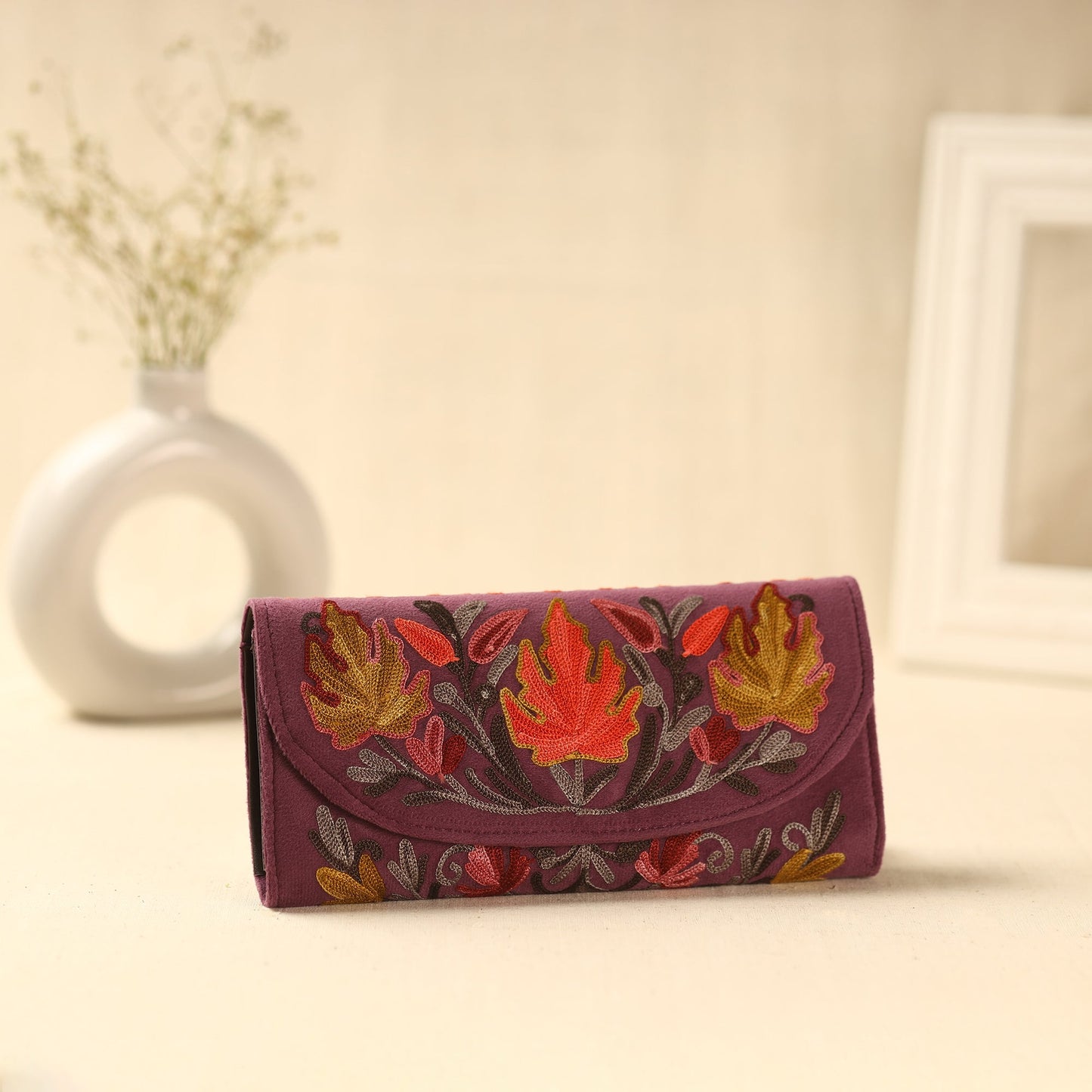 Pruple Kashmiri Crewel Hand Embroidery Velvet Travel Wallet