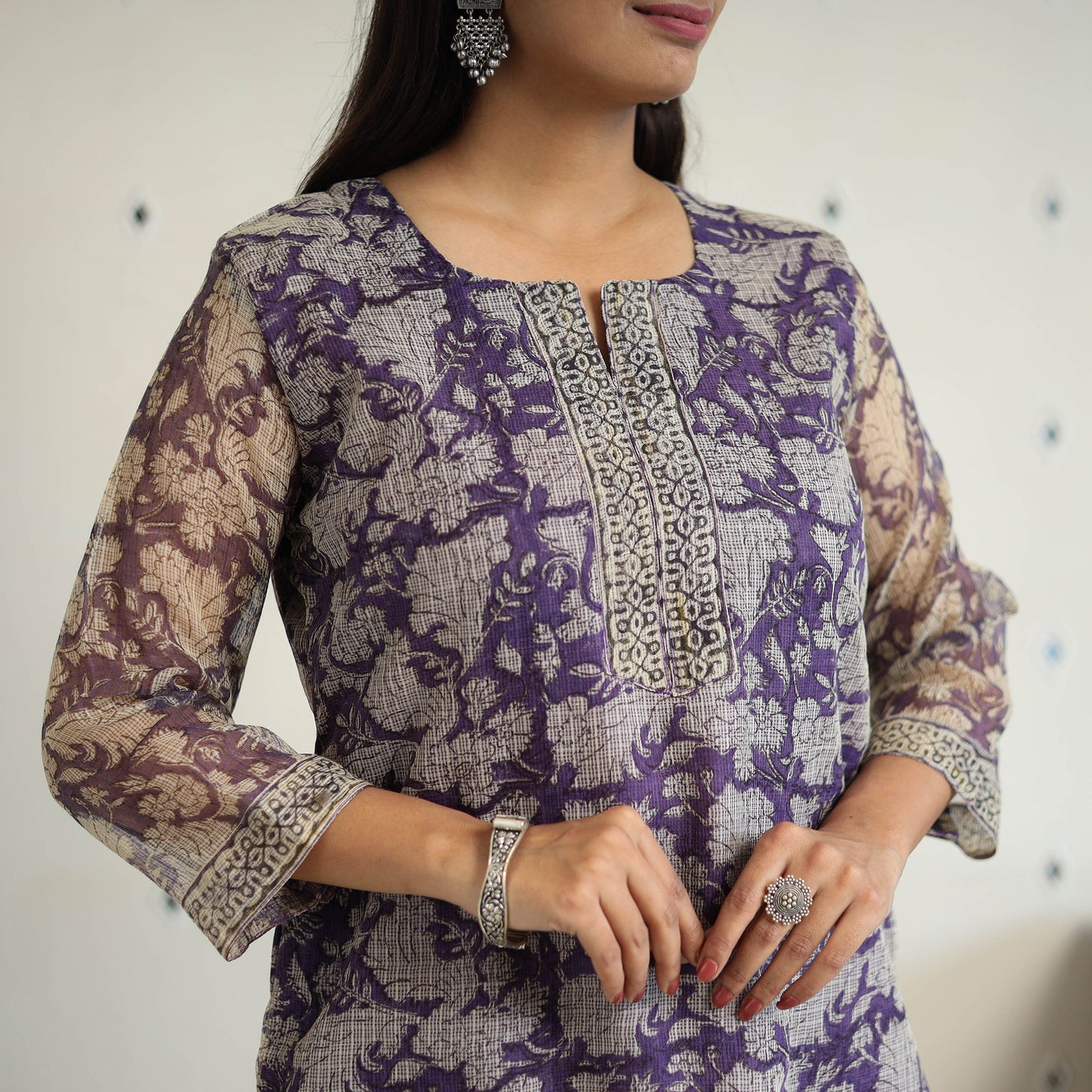 Purple Kota Doria Cotton Bagru Print Kurta Set (Set of 3)