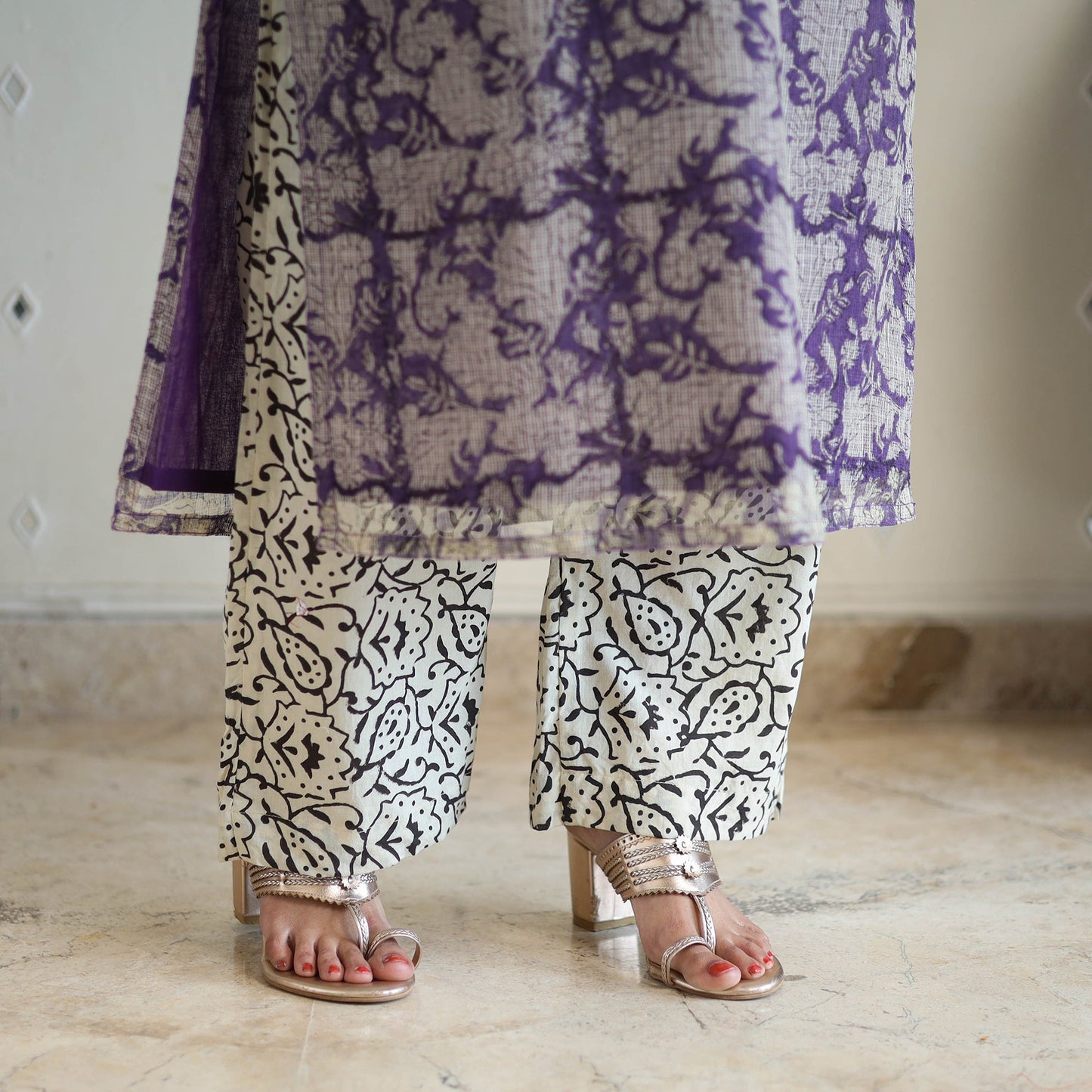 Purple Kota Doria Cotton Bagru Print Kurta Set (Set of 3)