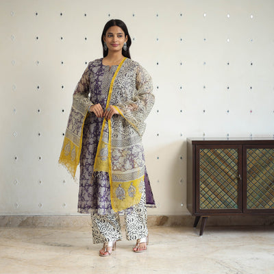 Purple Kota Doria Cotton Bagru Print Kurta Set (Set of 3)