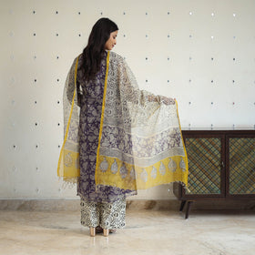 Purple Kota Doria Cotton Bagru Print Kurta Set (Set of 3)