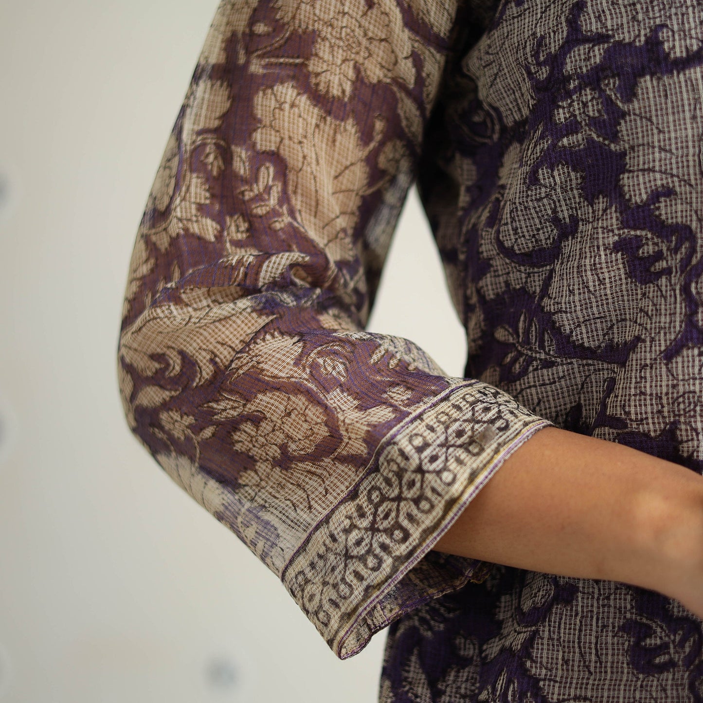 Purple Kota Doria Cotton Bagru Print Kurta Set (Set of 3)