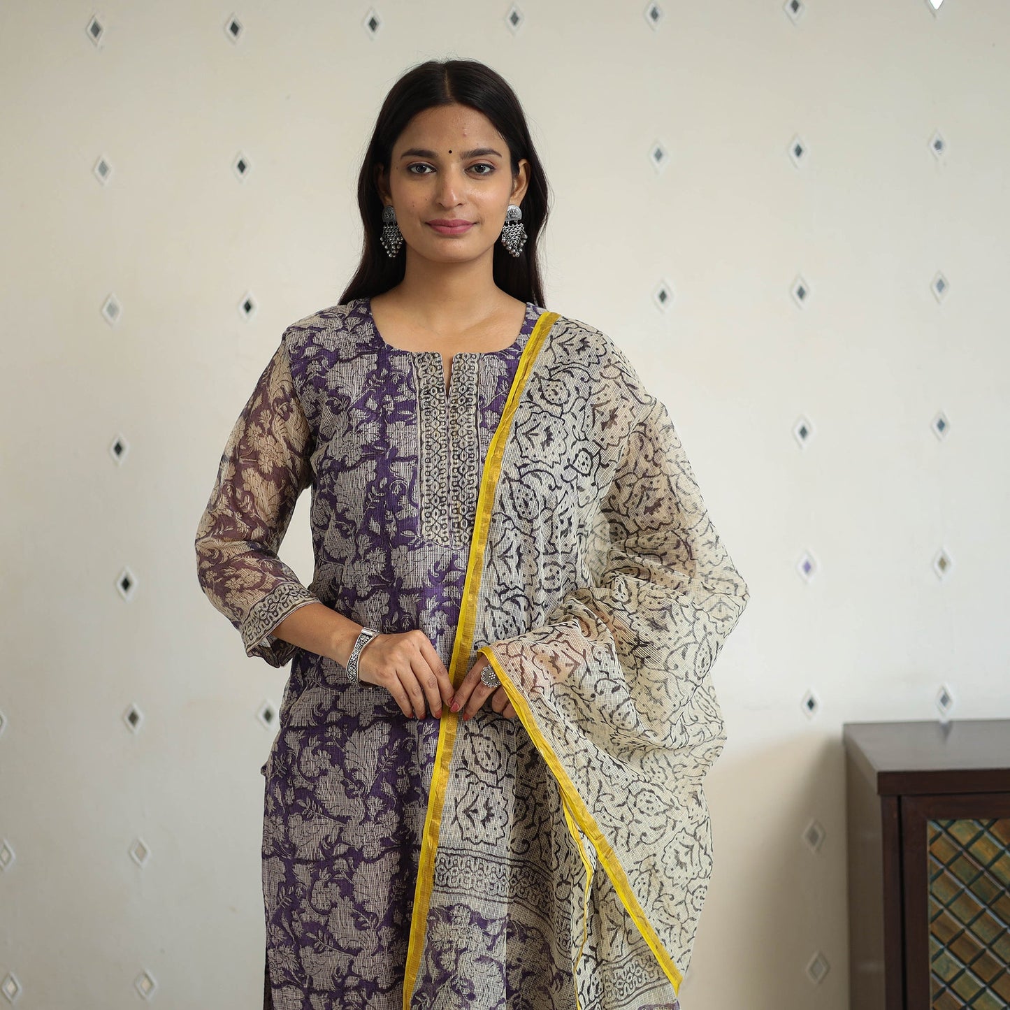 Purple Kota Doria Cotton Bagru Print Kurta Set (Set of 3)