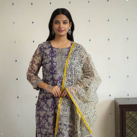 Purple Kota Doria Cotton Bagru Print Kurta Set (Set of 3)