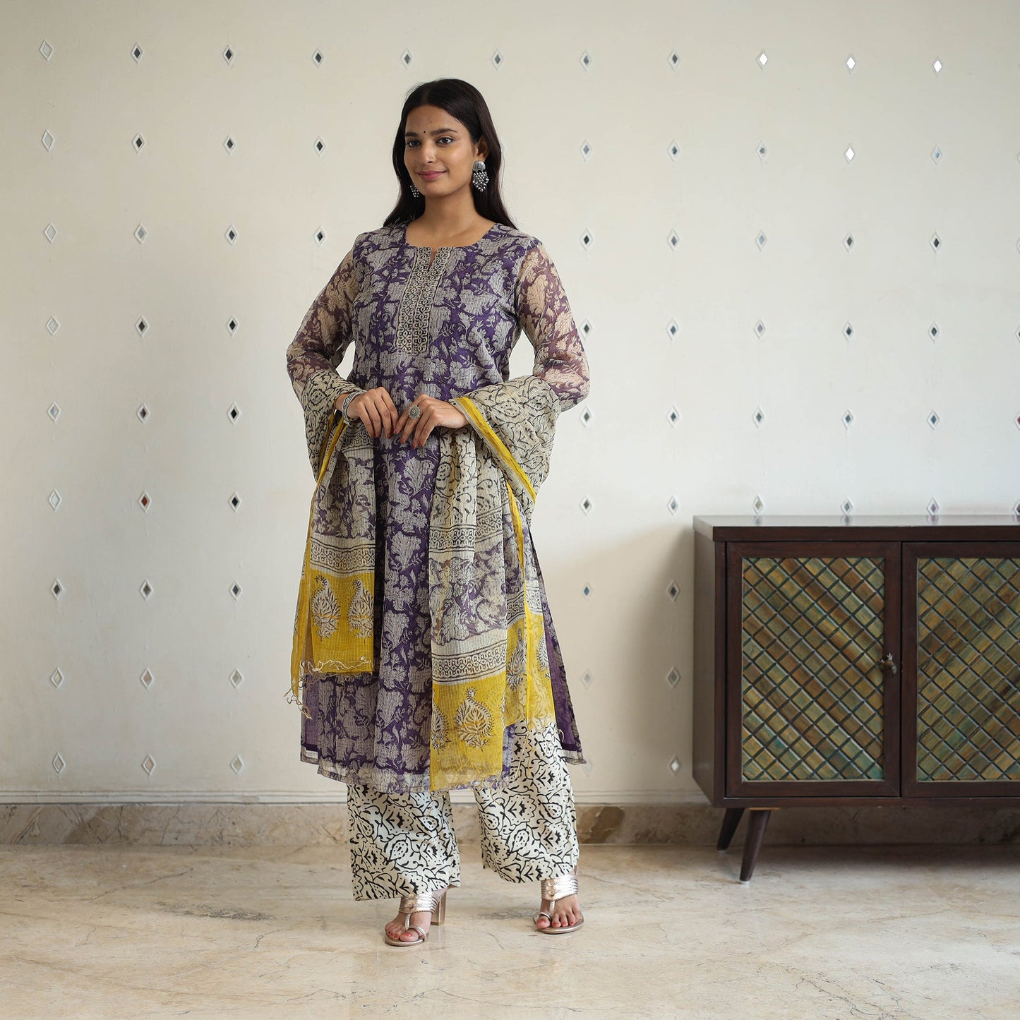 Purple Kota Doria Cotton Bagru Print Kurta Set (Set of 3)