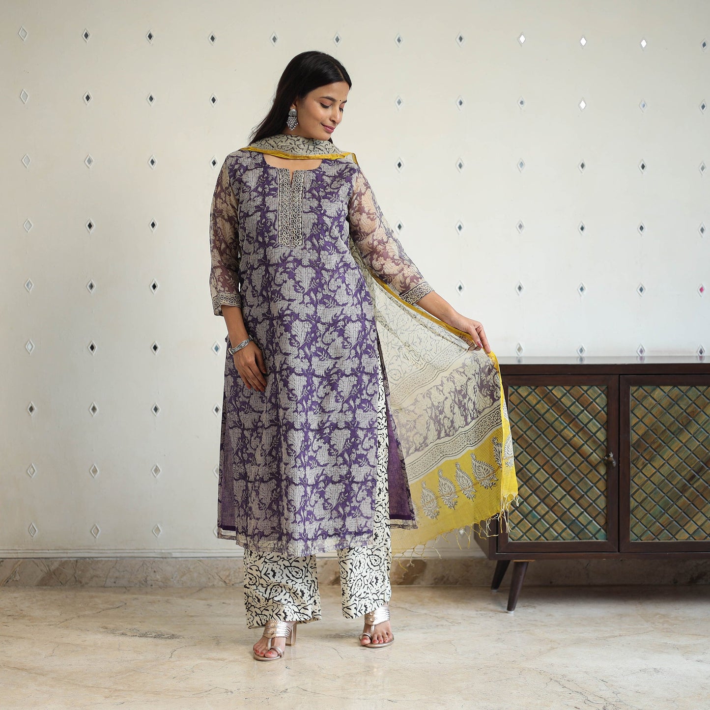 Purple Kota Doria Cotton Bagru Print Kurta Set (Set of 3)