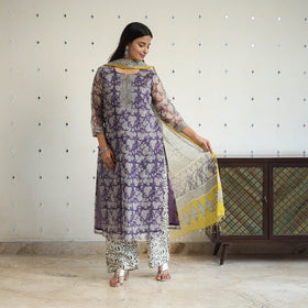 Purple Kota Doria Cotton Bagru Print Kurta Set (Set of 3)
