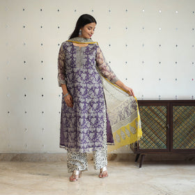 Purple Kota Doria Cotton Bagru Print Kurta Set (Set of 3)
