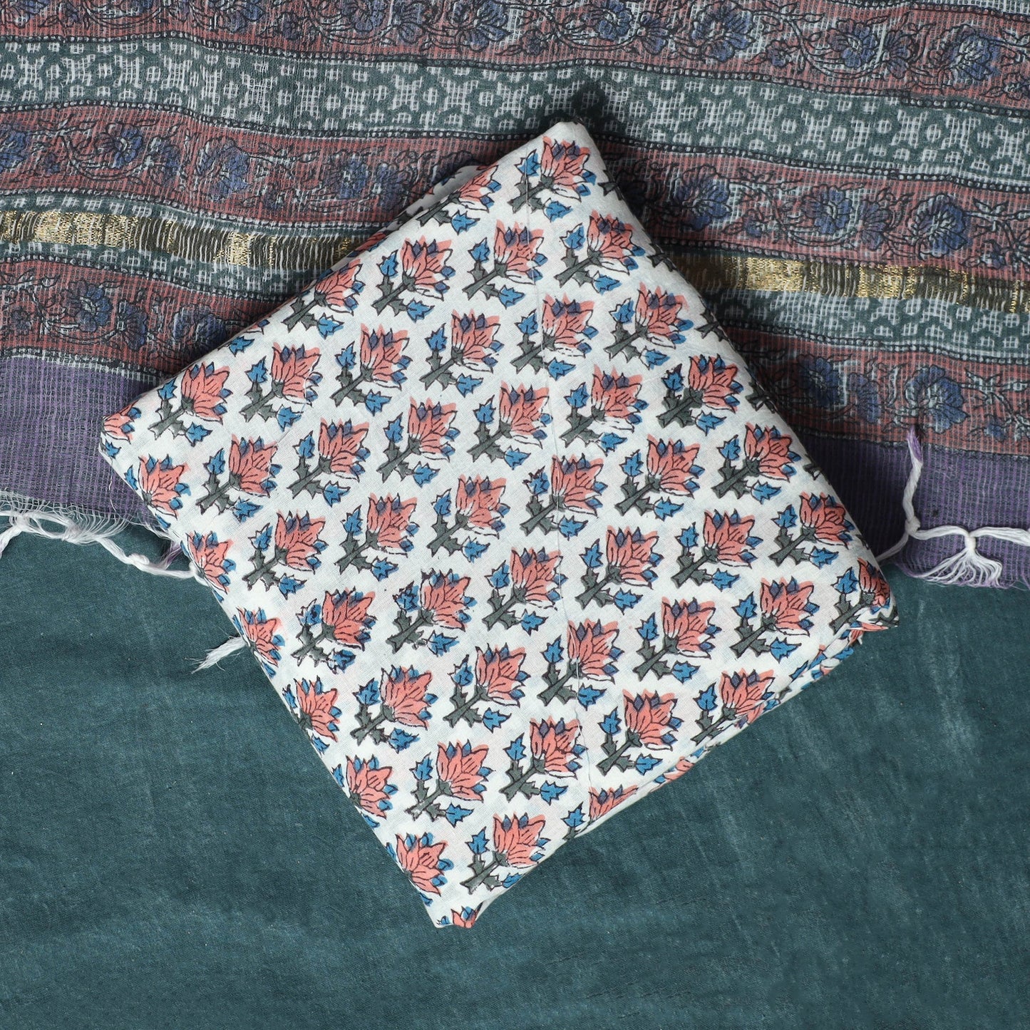 Kota doria cotton hand block sanganeri print 3pc unstitched