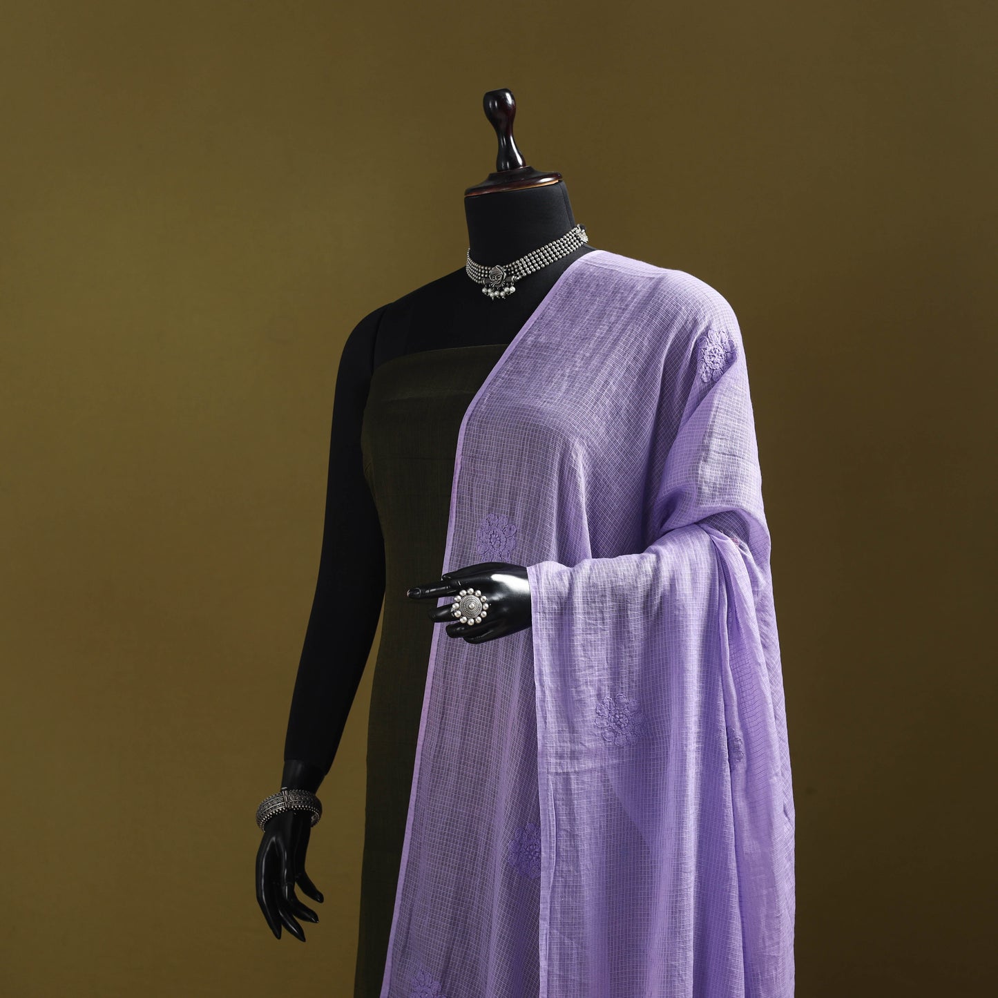 Purple - kota doria cotton hand embroidered lucknowi