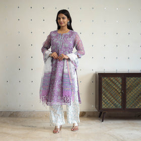 Purple - kota doria cotton sanganeri kurta set (set of 3)
