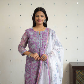 Purple - kota doria cotton sanganeri kurta set (set of 3)