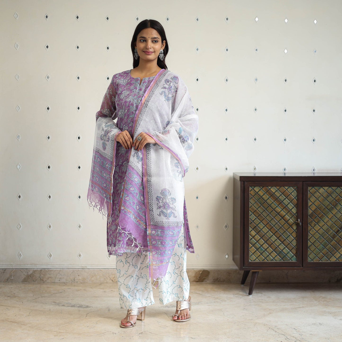 Purple - kota doria cotton sanganeri kurta set (set of 3)