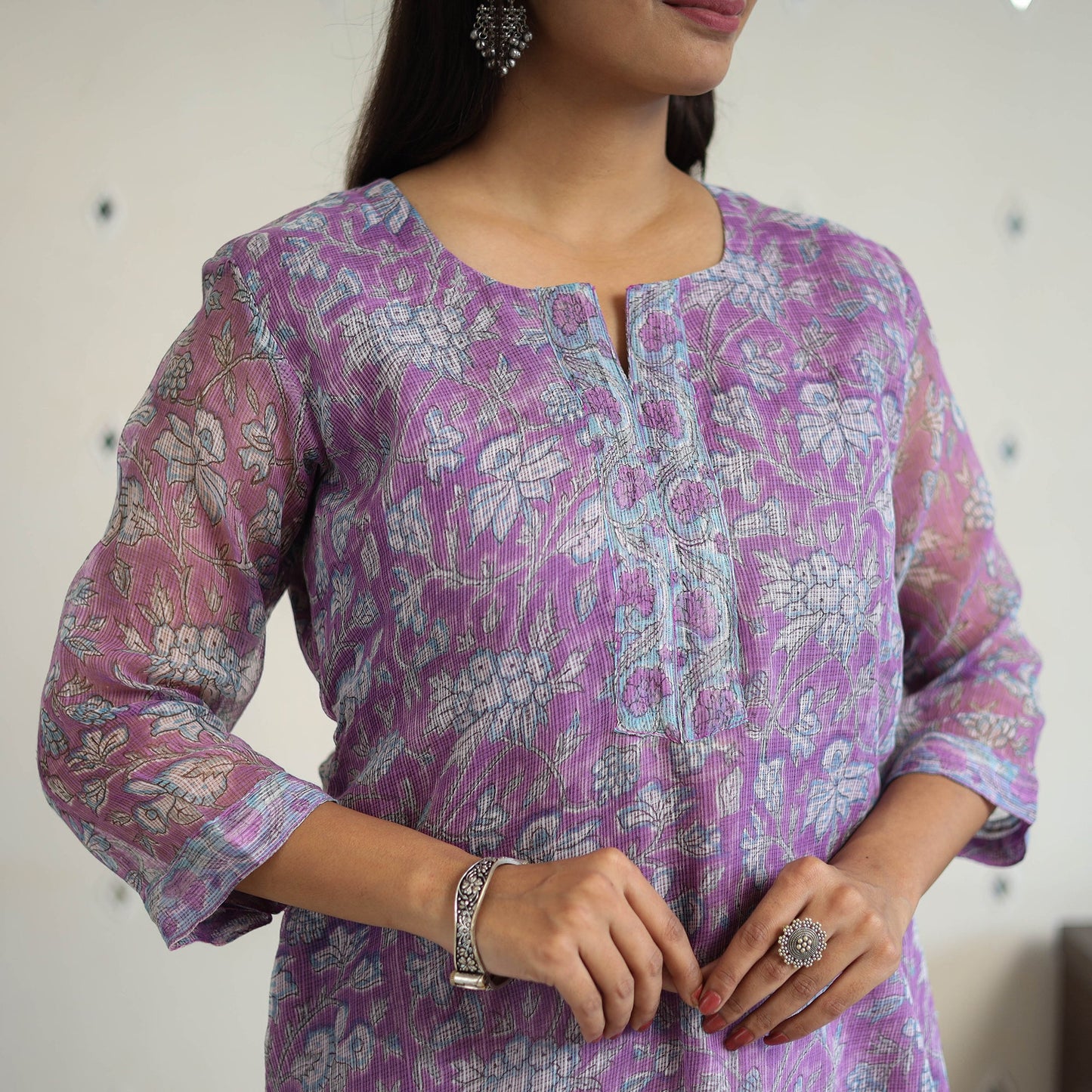 Purple - kota doria cotton sanganeri kurta set (set of 3)