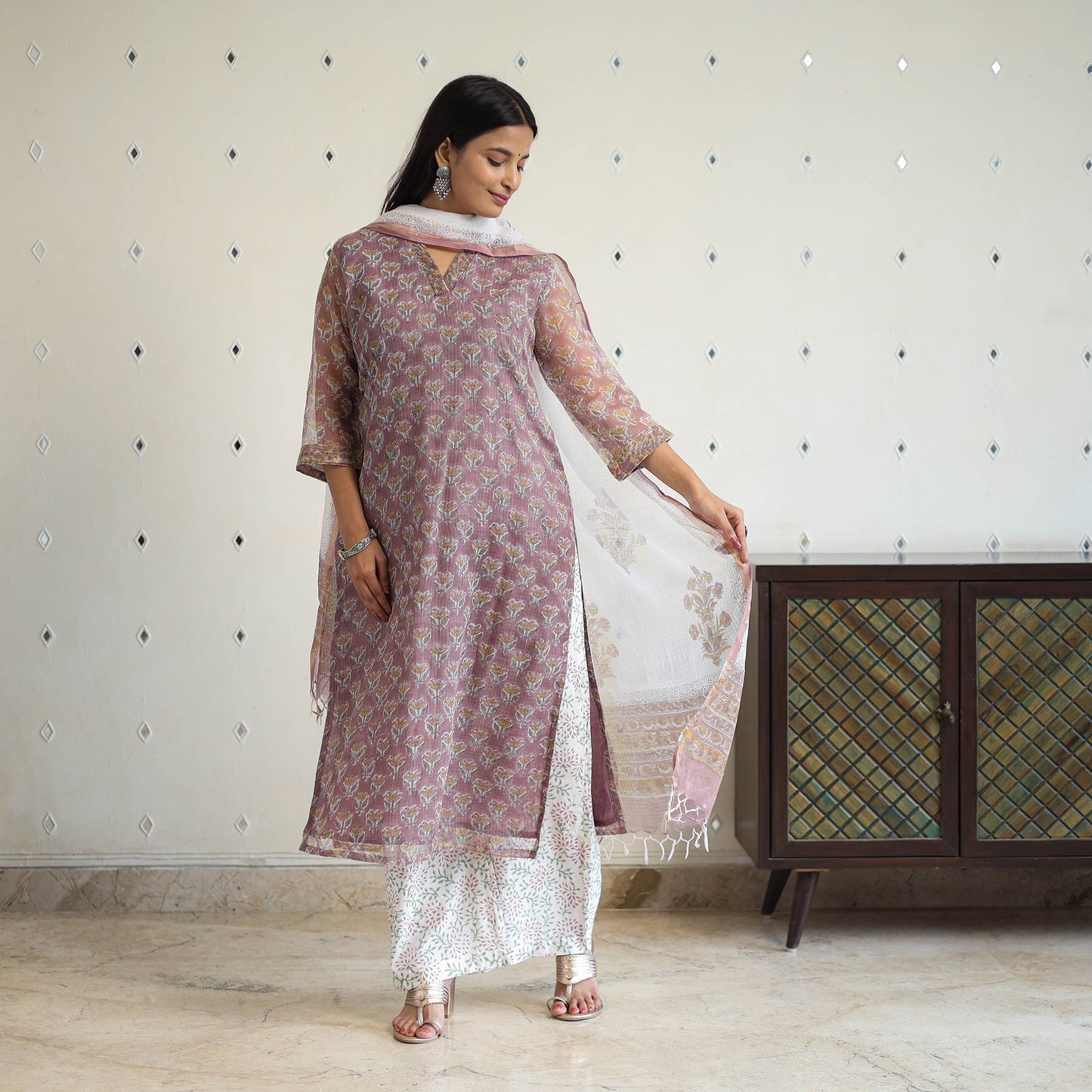 Purple Block Print Kota Doria Cotton Sanganeri Kurta Set (Set of 3) 