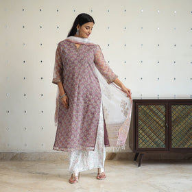 Purple Block Print Kota Doria Cotton Sanganeri Kurta Set (Set of 3) 