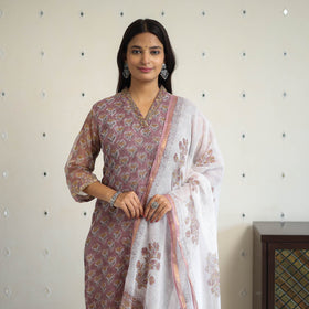 Purple Block Print Kota Doria Cotton Sanganeri Kurta Set (Set of 3) 