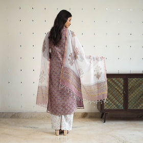 Purple Block Print Kota Doria Cotton Sanganeri Kurta Set (Set of 3) 