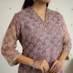 Purple Block Print Kota Doria Cotton Sanganeri Kurta Set (Set of 3) 
