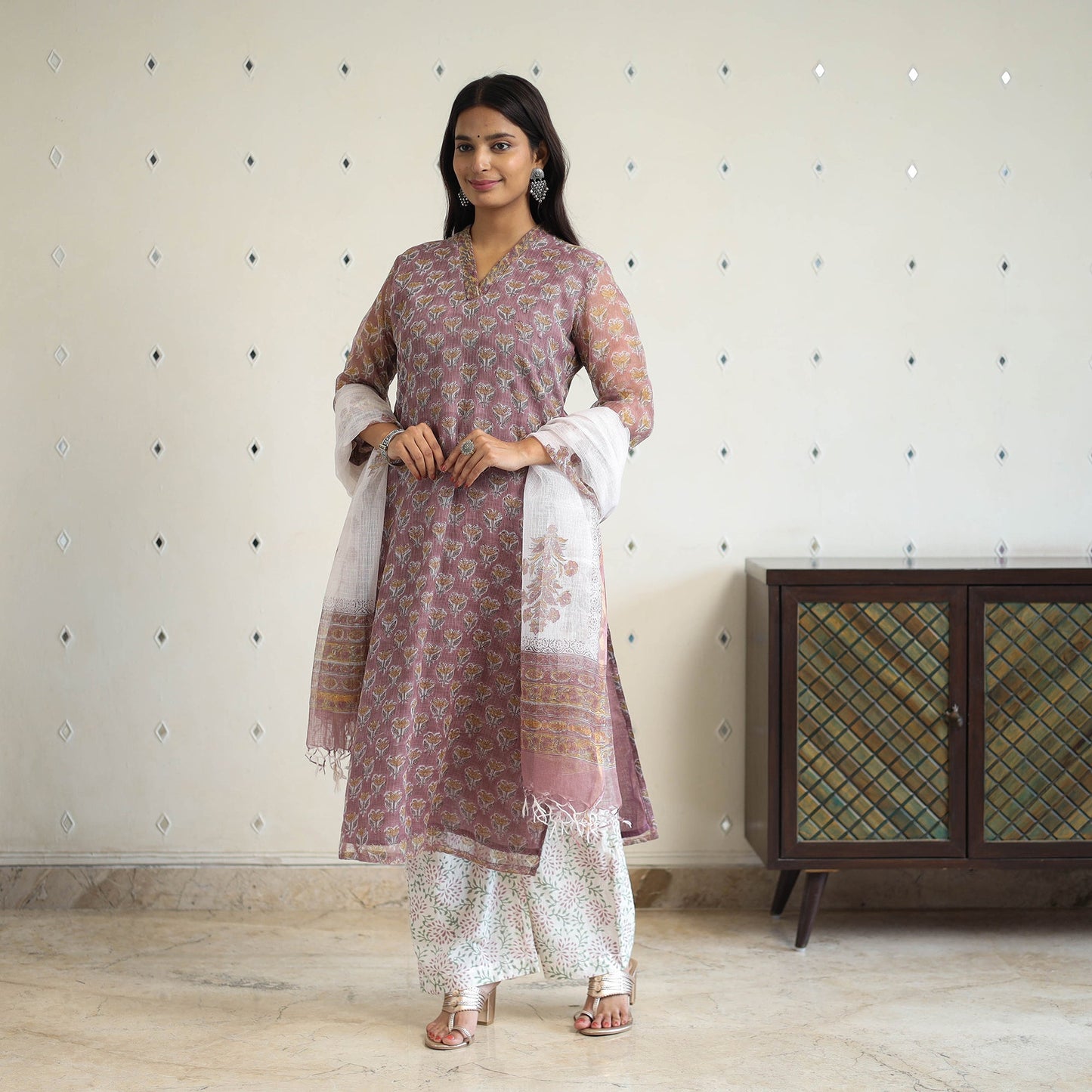 Purple Block Print Kota Doria Cotton Sanganeri Kurta Set (Set of 3) 