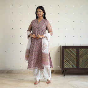 Purple Block Print Kota Doria Cotton Sanganeri Kurta Set (Set of 3) 
