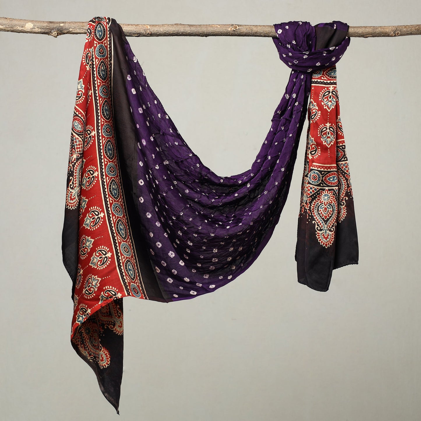  Kutch Bandhani Tie-Dye Ajrakh Block Printed Modal Silk Stole 05 