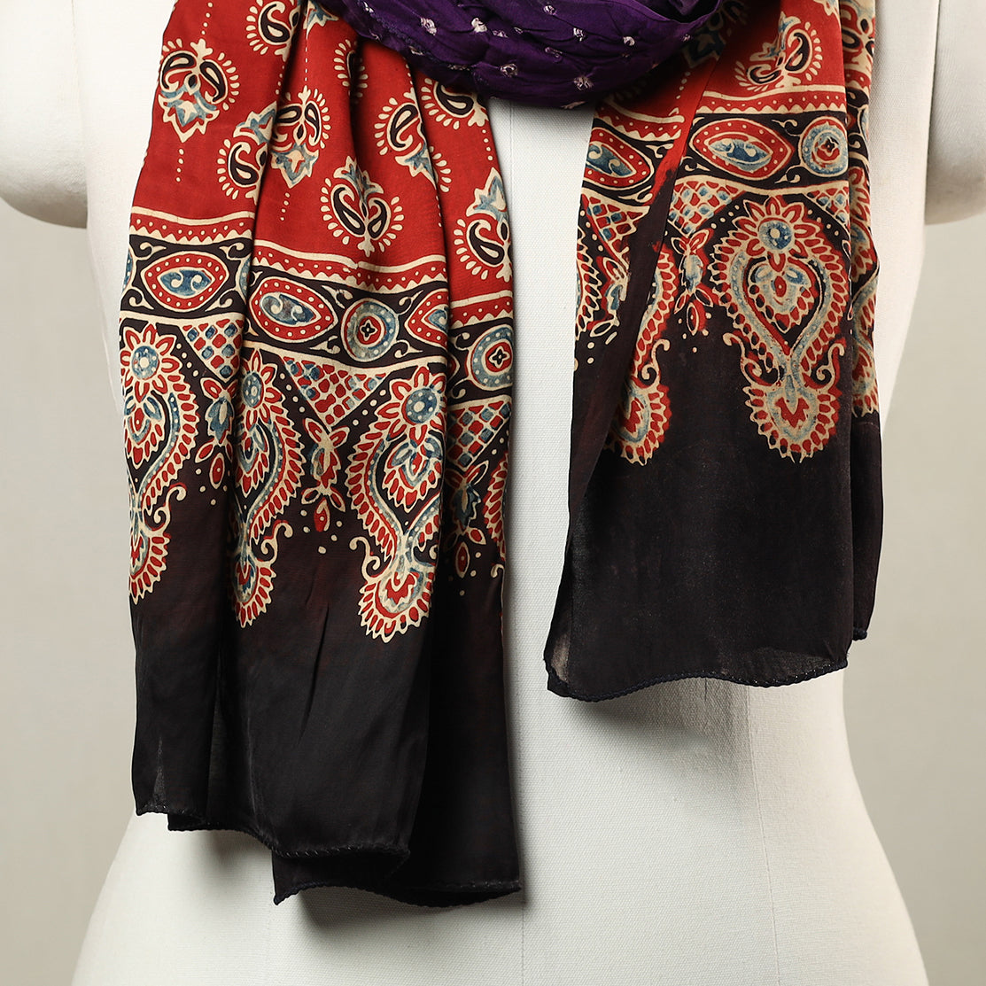  Kutch Bandhani Tie-Dye Ajrakh Block Printed Modal Silk Stole 05 