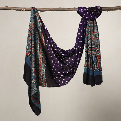 Buy Kutch Bandhani Tie-Dye Ajrakh Block Printed Modal Silk Stole Online at iTokri.com
