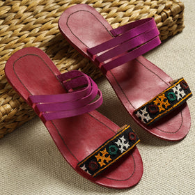 Purple Kutch Embroidery Handstitched Leather Flat Slippers
