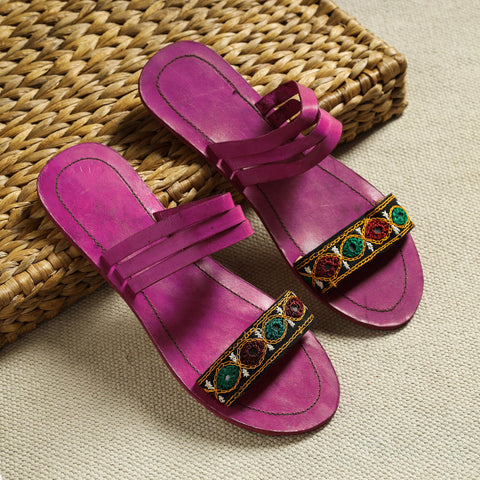 Purple Kutch Embroidery Handstitched Leather Flat Slippers