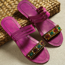 Purple Kutch Embroidery Handstitched Leather Flat Slippers