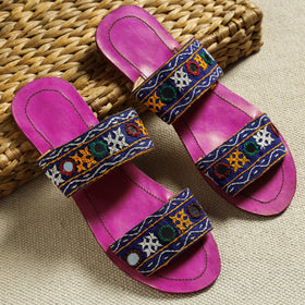 Purple Kutch Embroidery Handstitched Leather Flat Slippers