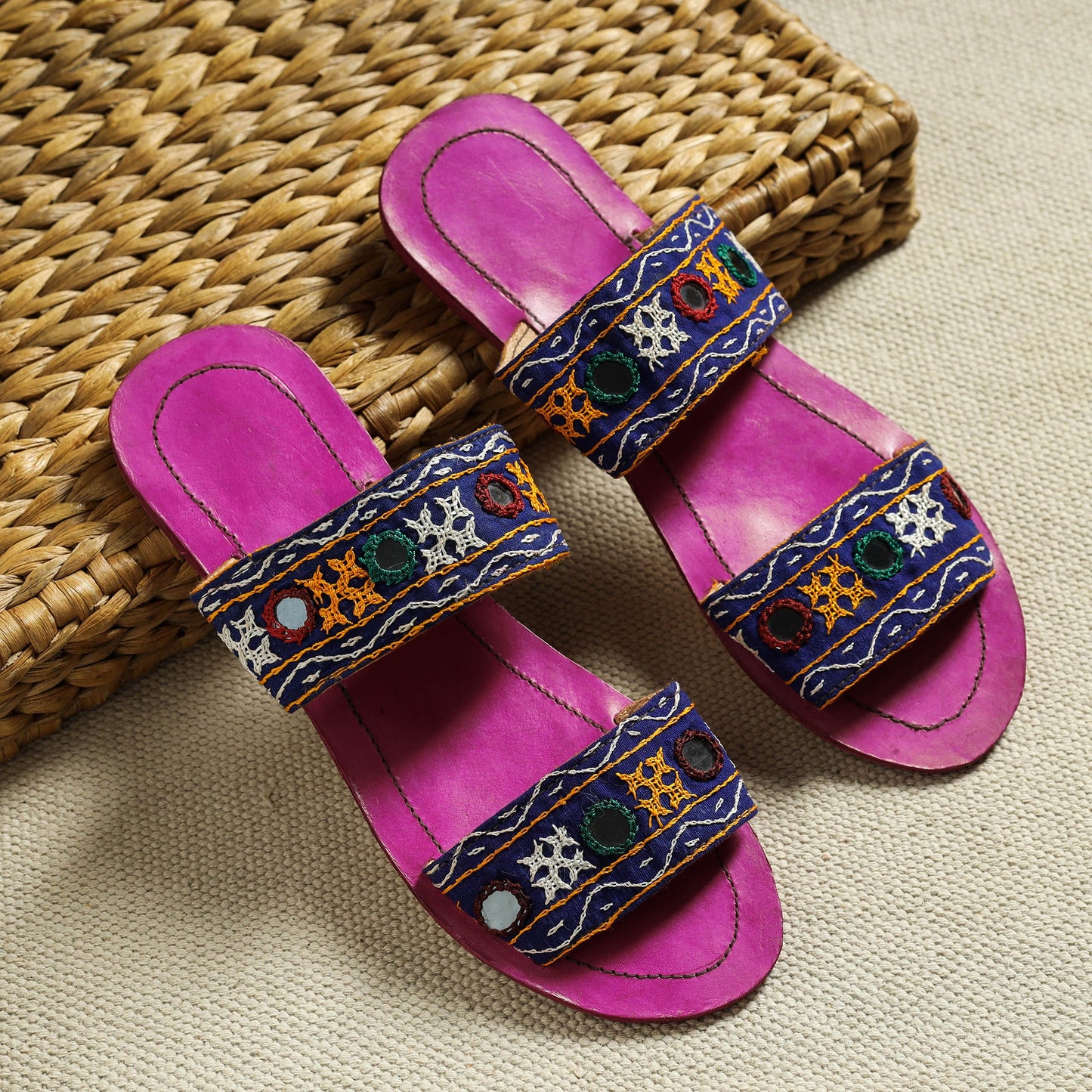 Purple Kutch Embroidery Handstitched Leather Flat Slippers