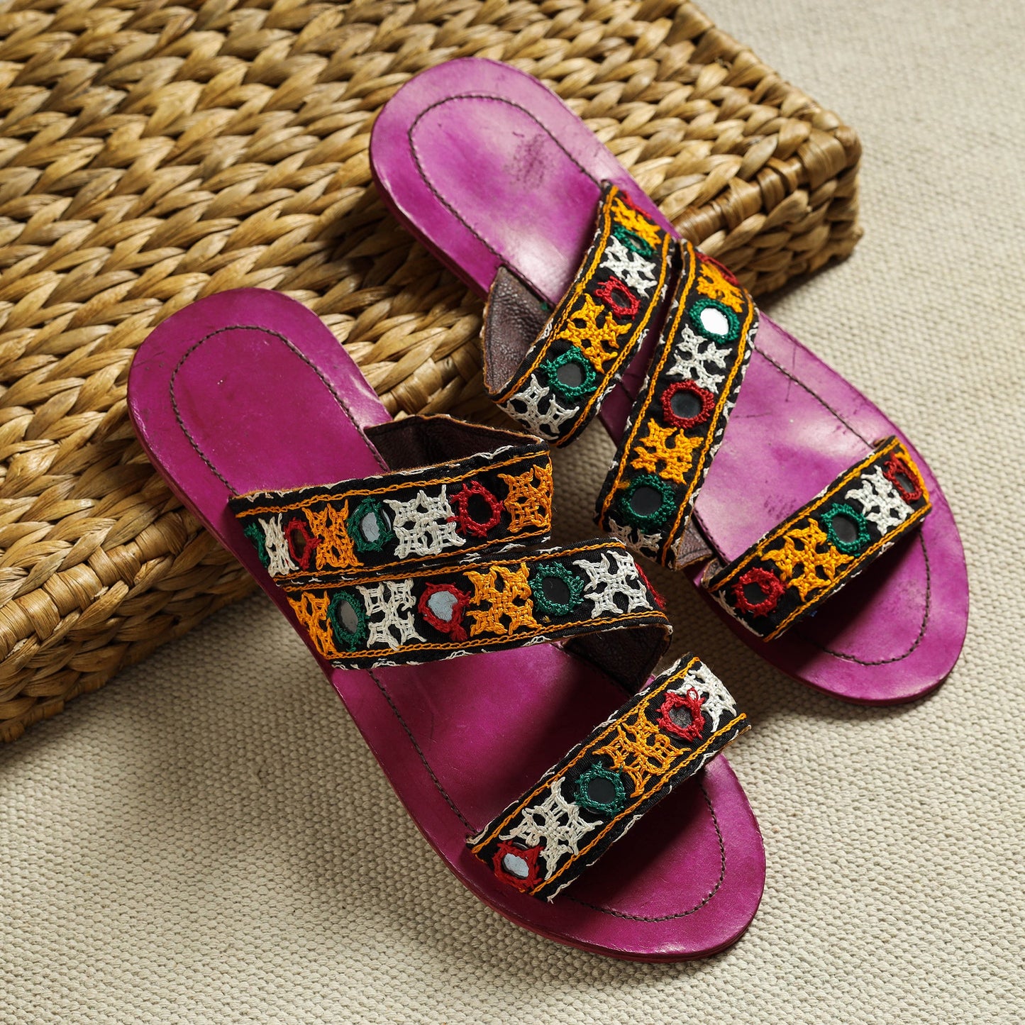 Purple Kutch Embroidery Handstitched Leather Flat Slippers