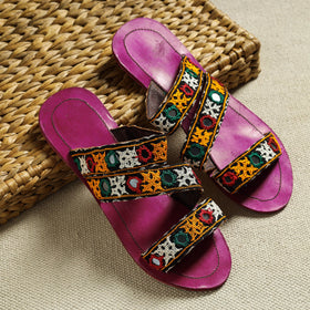 Purple Kutch Embroidery Handstitched Leather Flat Slippers