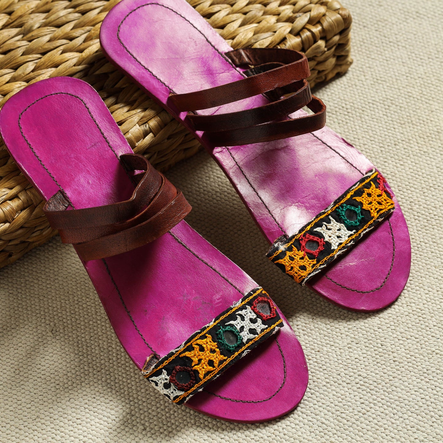 Purple Kutch Embroidery Handstitched Leather Flat Slippers