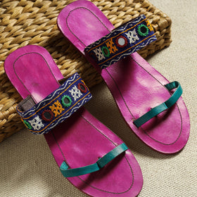 Purple Kutch Embroidery Handstitched Leather Flat Slippers