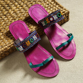 Purple Kutch Embroidery Handstitched Leather Flat Slippers