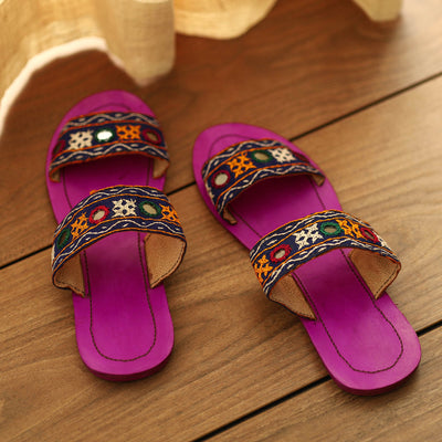 Purple Kutch Embroidery Handstitched Leather Flat Slippers