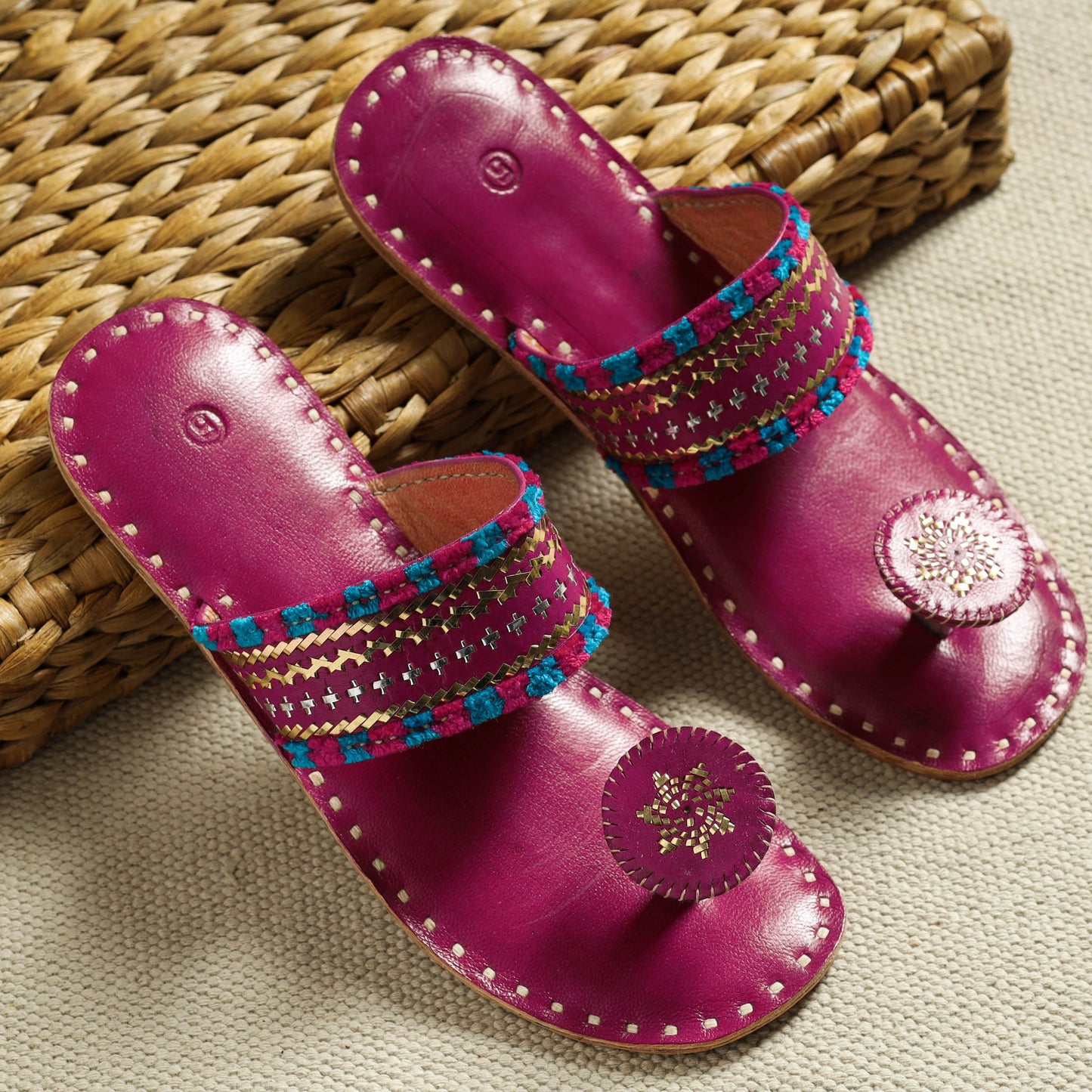 Purple Kutch Embroidery Handstitched Leather Flat Slippers